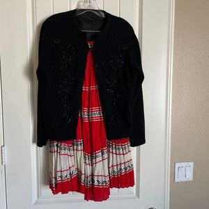 Vintage 50s  Outfit w/Black Beaded Sweater & Pleated Circle Skirt Size S